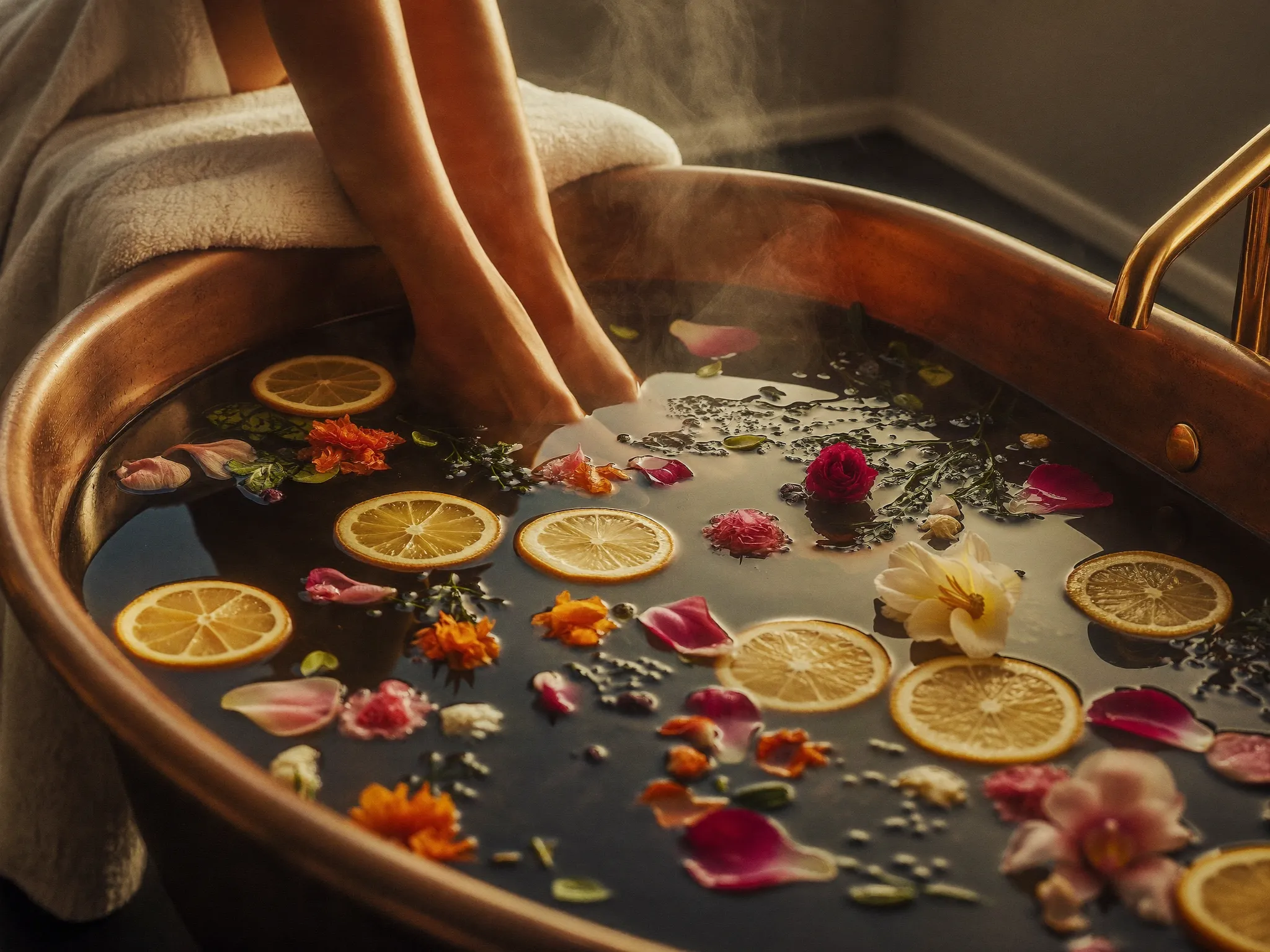 Botanical spa pedicure with copper foot bath, citrus, and herbs